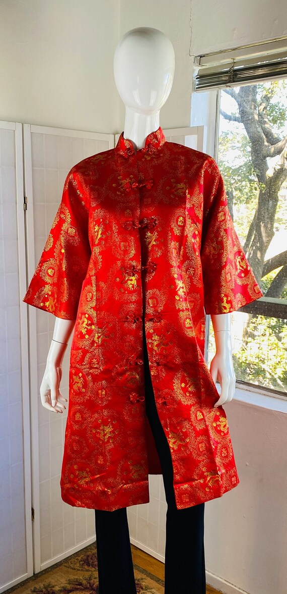 Vintage Red & Gold Rayon Embroidered Asian Robe w… - image 5