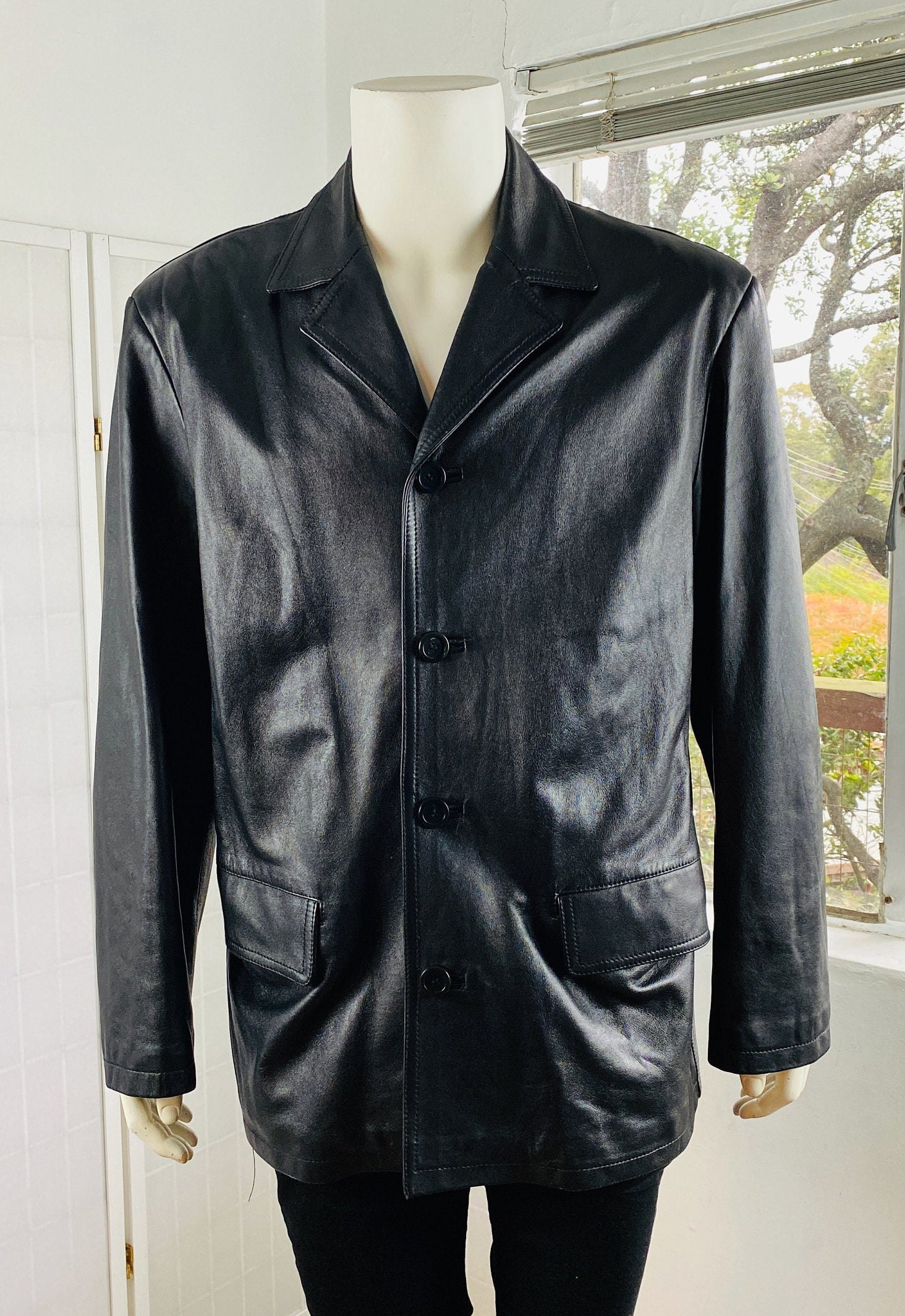 Vintage SAX, Mens Black Leather 4 Button Jacket W/pockets. - Etsy