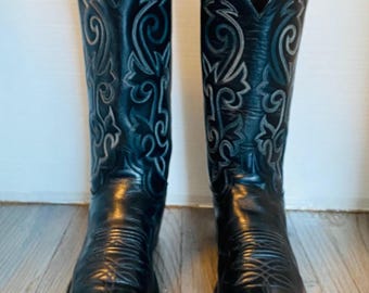 Justin, Western Mens Black London Leather Cowboy Boots, 9 D.