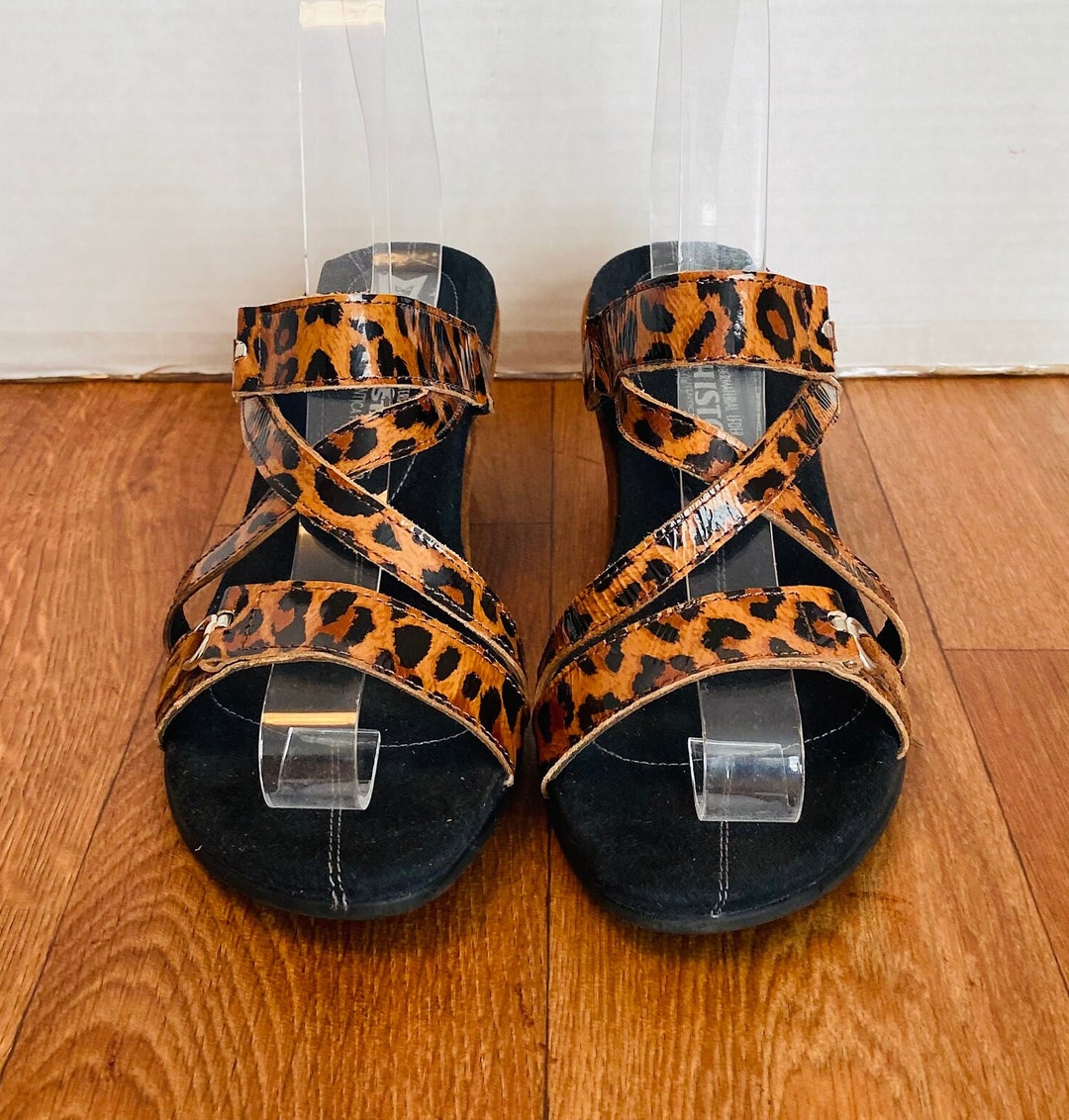 Mephisto France Womens Cheetah Print Patent Leather Wedge Sandals