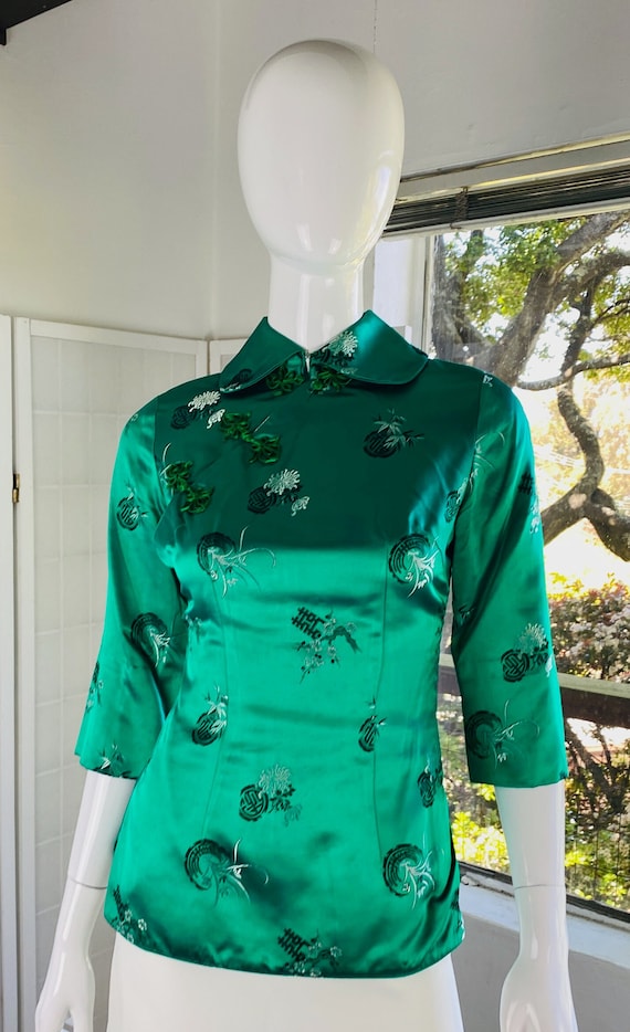 Vintage Mandarin Silk Rayon Emerald Green Peter P… - image 4