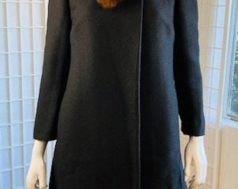 Vintage black wool asymmetrical mink collar cocktail coat.