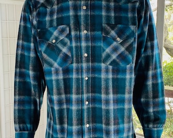 Vintage Pendleton Mens Western Blue Shadow Plaid Shirt, L.