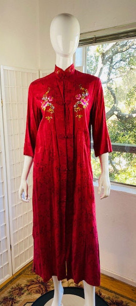 Vintage red embroidered rayon Kimono robe, 2 / 4. - image 1