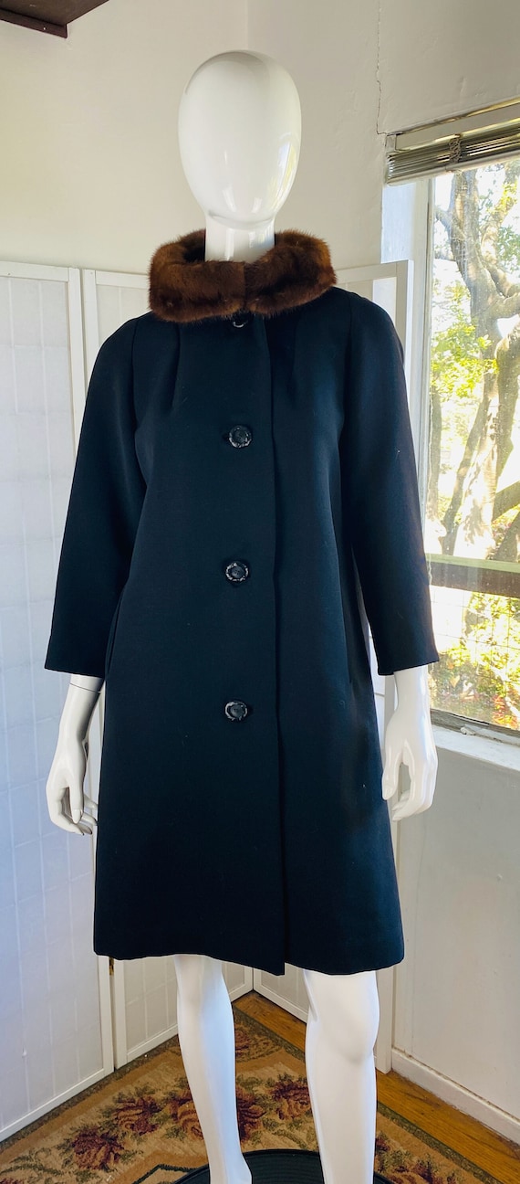 Vintage black wool silk file cocktail coat w/mink… - image 1