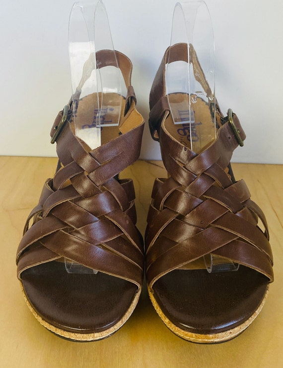 NWOB, Indigo, Clarks brown leather sandal wedges, 