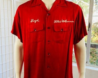 Vintage Bobby Bomber, rood gaberdine bowlingshirt, XL.