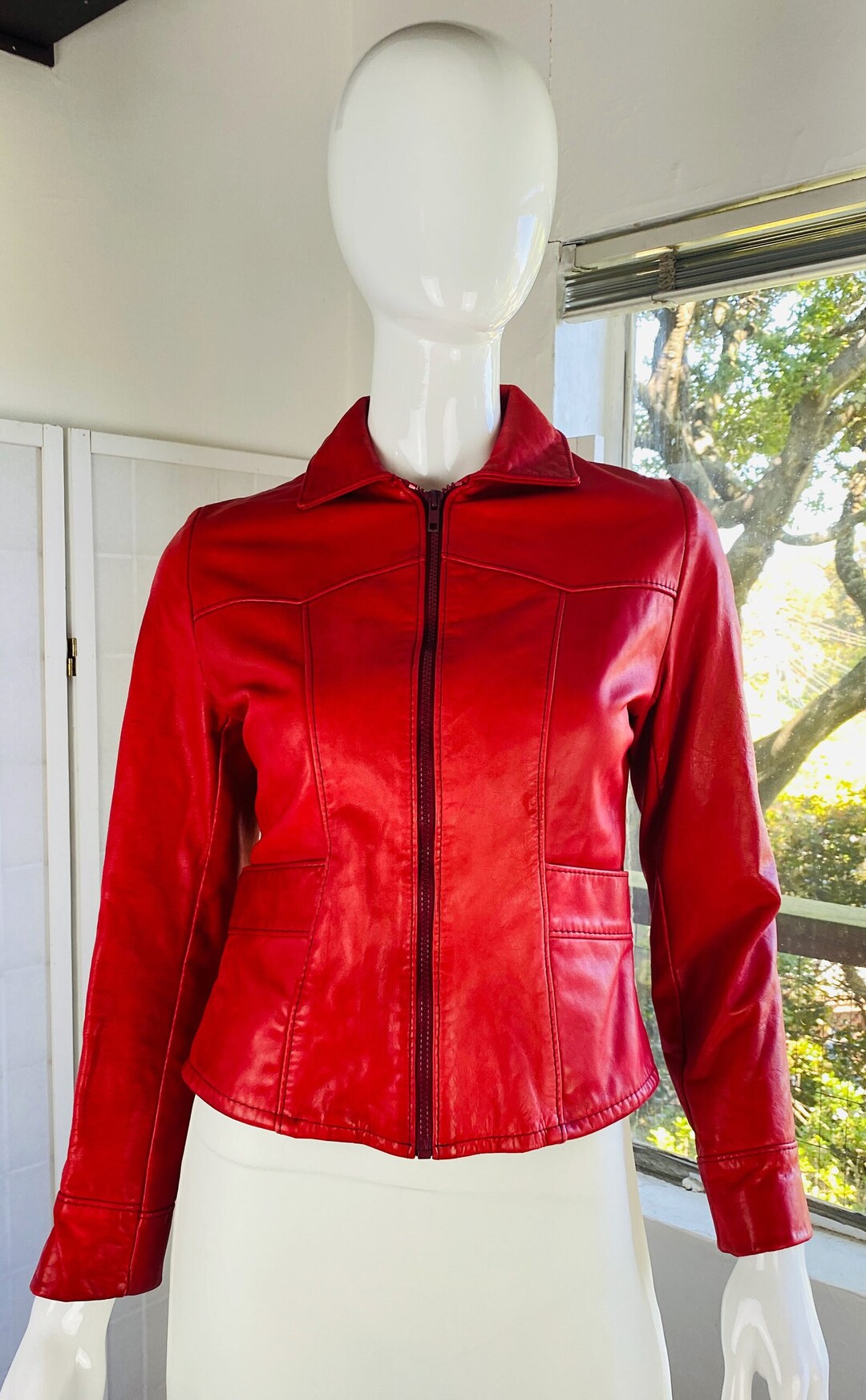 Vintage Rouge Belted Leather Jacket