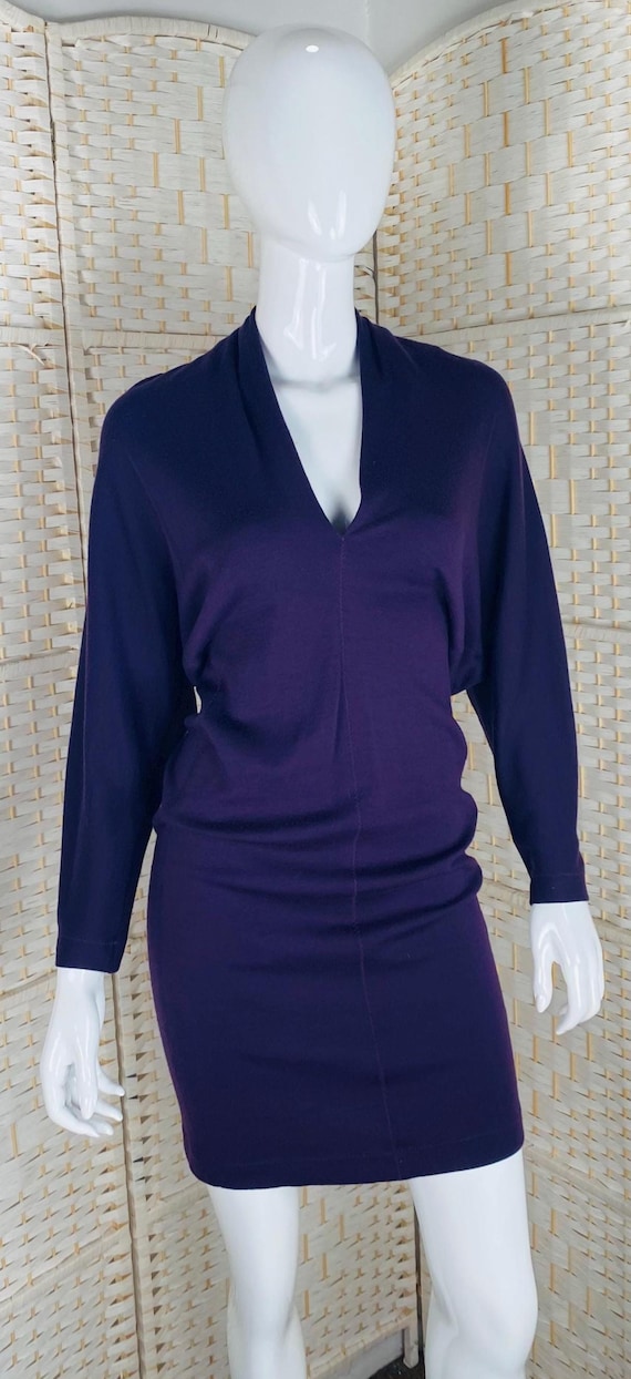 Lanvin, Vintage LANVIN, Womens Purple Merino Wool Dress, Bat Sleeves, L