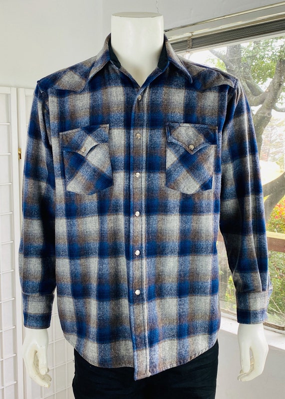 Vintage Pendleton Western Style Mens Blue Shadow Plaid Shirt, M