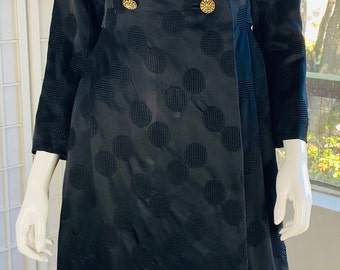 Vintage Womens Black Silk Embroidered Opera Maxi Coat, Sm.
