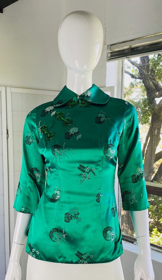 Vintage Mandarin Silk Rayon Emerald Green Peter P… - image 1