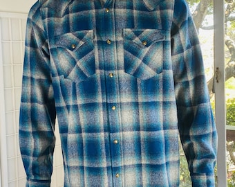 1970s Pendleton Blue Plaid BOARD Loop Collar Shirt, Long Sleeves