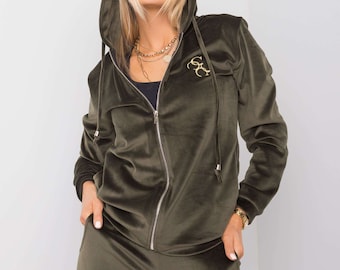 2 Piece Set Women Stacked Flared jogger Velvet Velour Tracksuits Hoodie