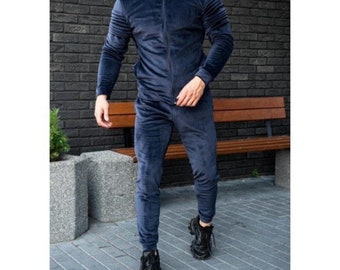 Marine Velour Trainingsanzug für Männer: Vintage Loungewear Set