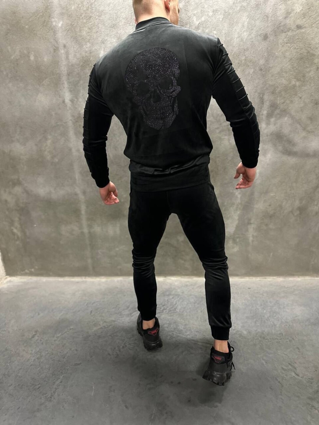 Black Velour Tracksuit for Men, Matching Loungewear Trousers and Jumper