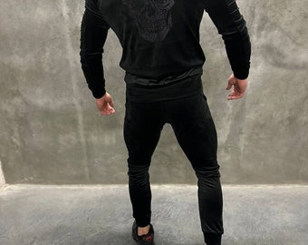Herren Schwarz Velour Trainingsanzug: Skull Loungewear Set