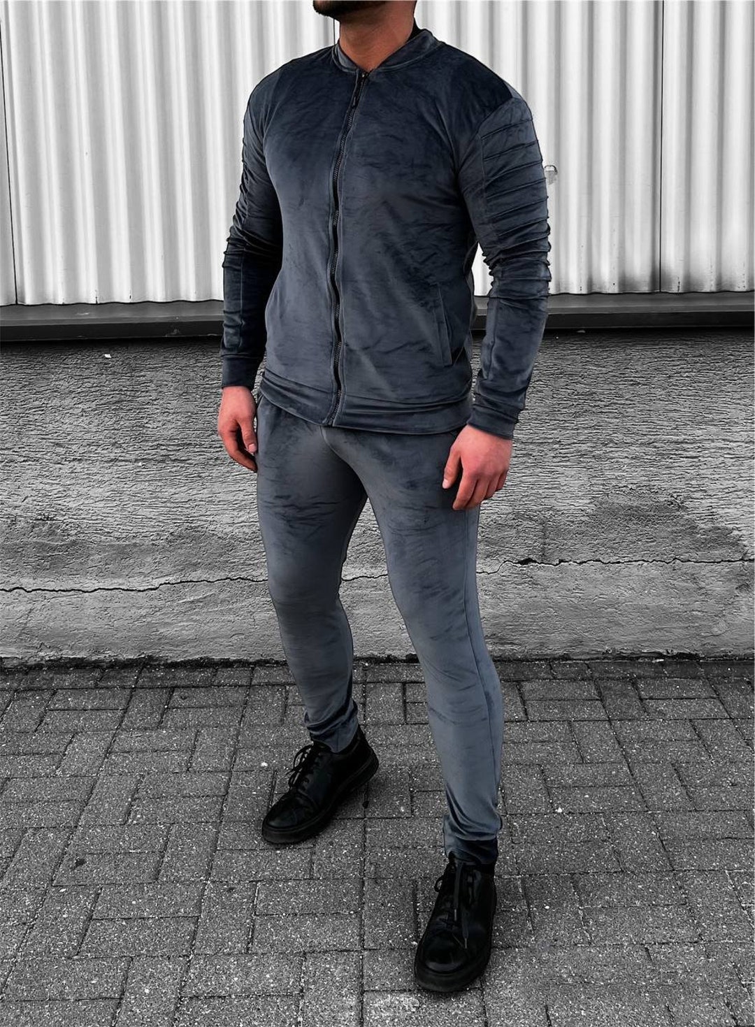 Grey Velour Tracksuit for Men, Matching Loungewear Trousers and Jumper