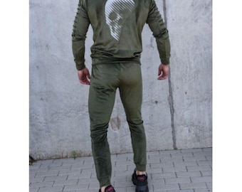 Green Velour Tracksuit with Skull: Men's Vintage Loungewear Set
