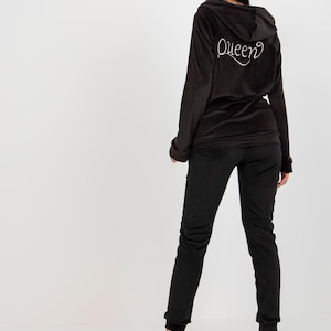 Royal Black Velour Jogger Set – Zip-Up Hoodie & Pants with Embroidered Queen Design