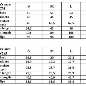 May include: Size chart for men's clothing in both inches and centimeters. The chart includes measurements for chest, shoulders, sweatshirt length, sleeve length, pants length, and hips.