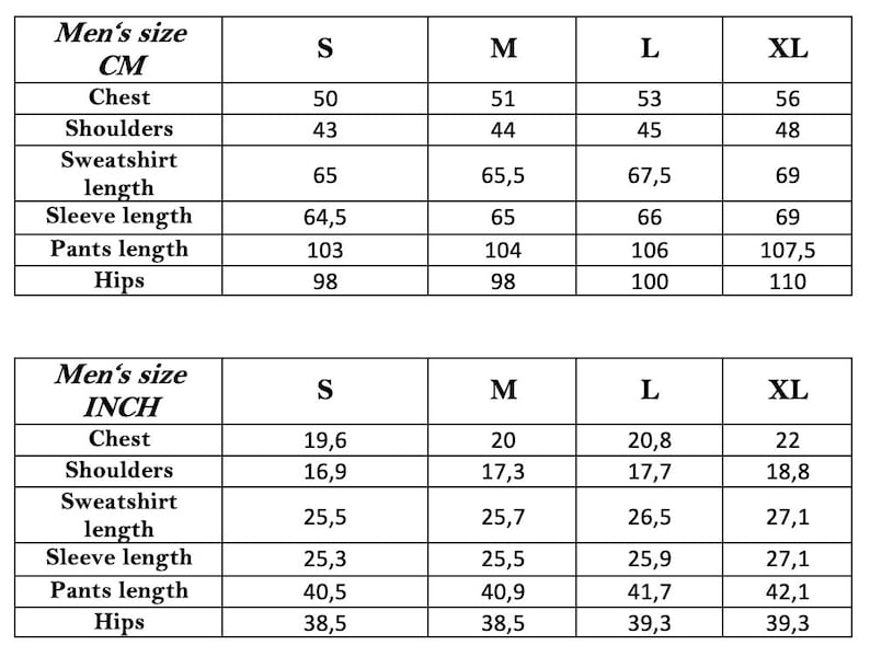 May include: Size chart for men's clothing in both inches and centimeters. The chart includes measurements for chest, shoulders, sweatshirt length, sleeve length, pants length, and hips.