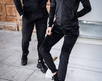 Schwarz Velour Trainingsanzug Set: Vintage Style Loungewear