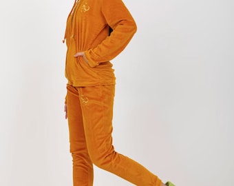 2-teiliges Set Frauen Stacked Flared Jogger Samt Velour Trainingsanzüge Hoodie