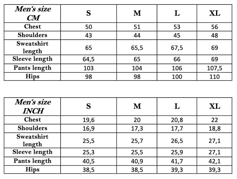 Op de afbeelding: Maattabel voor mannenkleding in zowel inches als centimeters. De tabel bevat maten voor borst, schouders, sweatshirtlengte, mouwlengte, broeklengte en heupen.