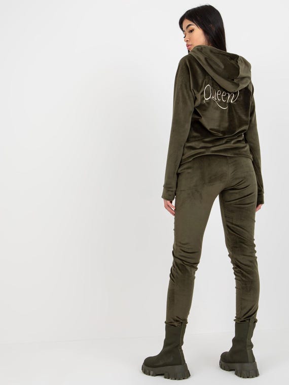 Women's Velour Tracksuit 'queen' – Khaki 2-piece Set With Hoodie