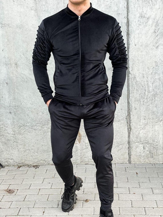Black Velour Tracksuit for Men Matching Loungewear Trousers | Etsy