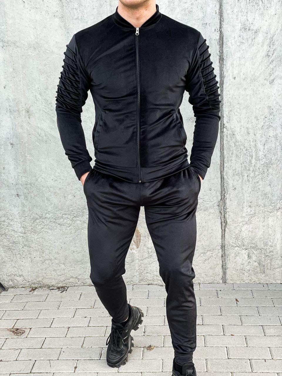 Black Velour Tracksuit for Men, Matching Loungewear Trousers and Jumper