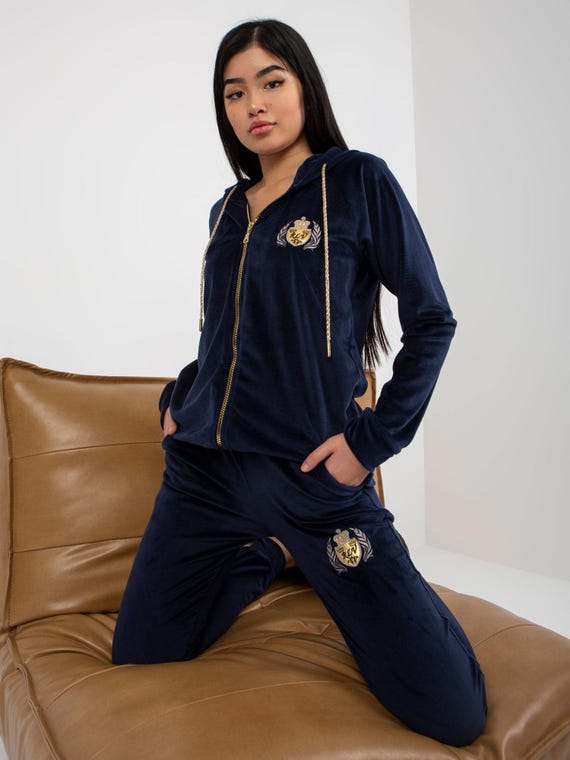 Women's Velour Tracksuit 'queen' – Navy Blue 2-piece Set With