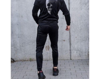 Men's Black Velour Tracksuit with Skull: Vintage Loungewear Set