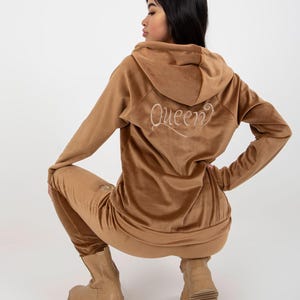 Royal Brown Velour Jogger Set – Zip-Up Hoodie & Pants with Embroidered Queen Design
