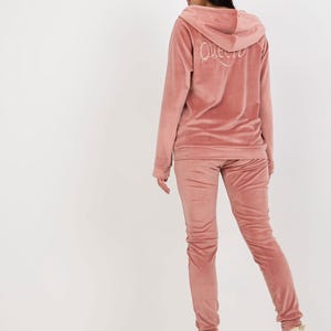 Women&#39;s Velour Tracksuit &#39;Queen&#39; – Pink 2-Piece Set with Hoodie and Gold Details