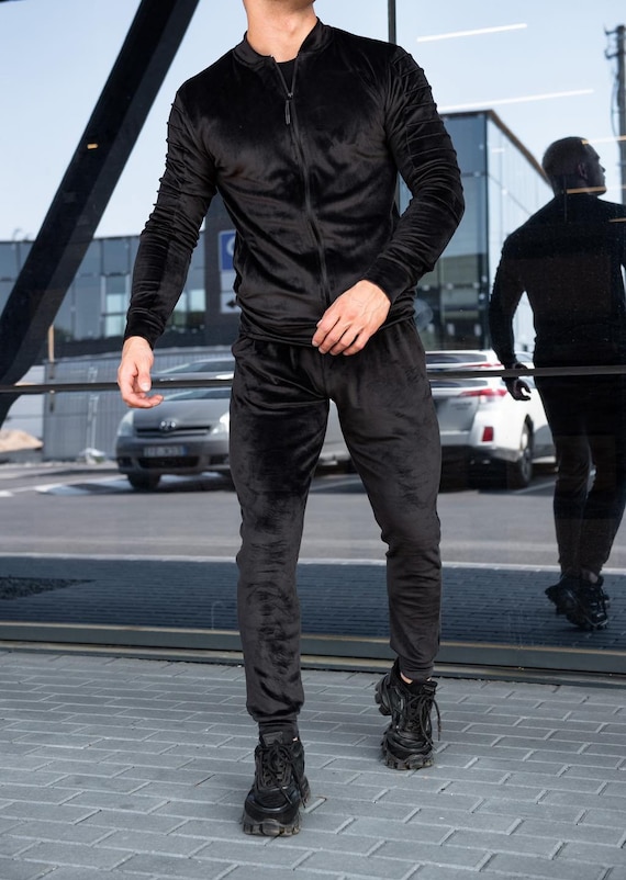 Black Velour Tracksuit for Men, Matching Loungewear Trousers and