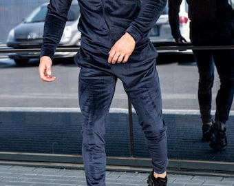 Navy Velour Tracksuit for Men: Vintage Loungewear Set