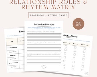 May include: A template titled "Relationship Roles & Rhythm Matrix" with the text "Practical + Action Based." The image includes worksheets with prompts for reflection and a duties matrix. The phrase "PDF Copy" is also visible.