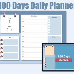 Blue 100 Days Digital Planner | Codzienne harmonogramy | Planer nauki | Skupienie na celach | Planer egzaminów