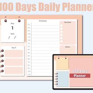 May include: A 100 Days Planner in pink and peach tones. The planner features a daily schedule, checklist, notes section, and a top 3 list. It's designed to help you stay organised and on track for 100 days.