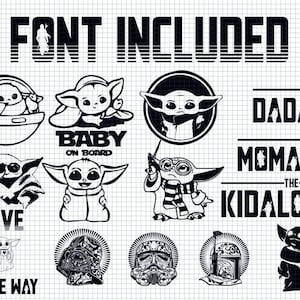 Grogu Baby Yoda SVG Starwars Cut File Mandalorian plus Extras - Inklusive Mandalorian Typ free Font - Silhouette - Cricut- Pack - Kind