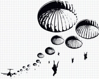 May include: Black and white illustration of a plane dropping parachutes with people descending from the sky.