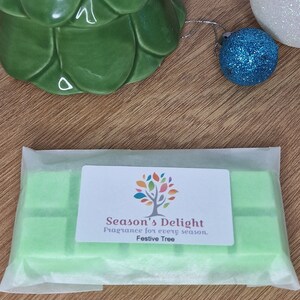 May include: A pack of six green wax melts with the text "Season's Delight Fragrance for every season. Festive Tree" on a white label.