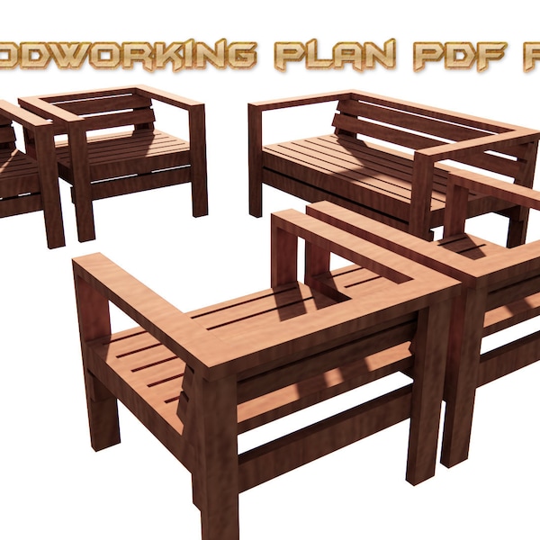 Wood outdoor lounge set plan PDF / diy patio furniture build project / Build modern patio set step by step