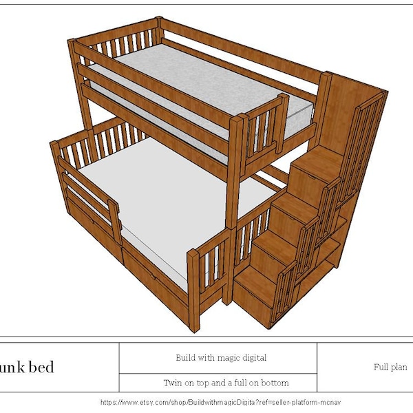Bunk beds plan how to build / Full plan PDF / Instruction for Diy build double beds with drawers