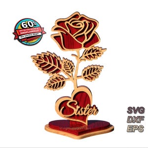 Fichiers découpés au laser Cadeau coeur soeur rose / Meilleure soeur amour cadeau svg / Soeur rose Fichiers découpés au laser DXF SVG EPS / fichier glowforge