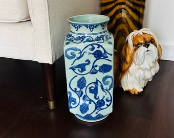 Tall Blue Floral Porcelain Vase