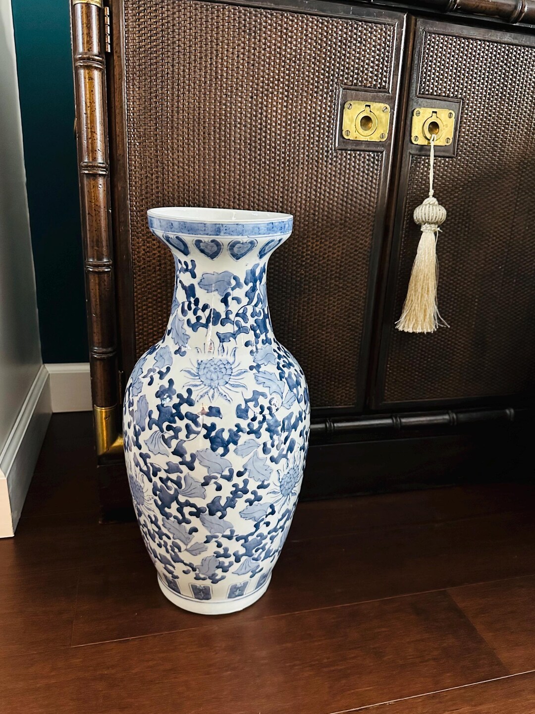 Vintage Blue & White Floral Floor Vase - Etsy