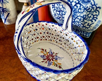 Blue & White Hand Painted Porcelain Basket